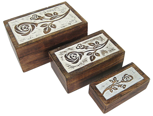 Set Of 3 Wooden Rose Boxes White Wash Finish